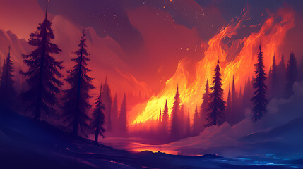 A dramatic forest fire engulfing trees in flames, highlighting the destructive force of nature during wildfire season. Frostflare. Illustration