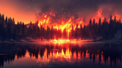 A dramatic scene of a forest fire reflected in calm water, showcasing nature's beauty and power. Frostflare. Illustration