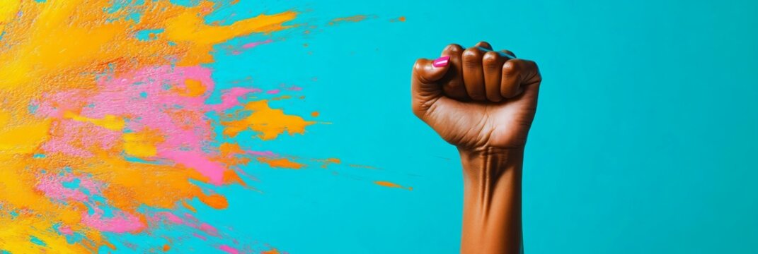 A vibrant portrayal of empowerment, featuring a raised fist symbolizing strength and pride, ideal for Black History Month celebrations, activism, and diversity campaigns.