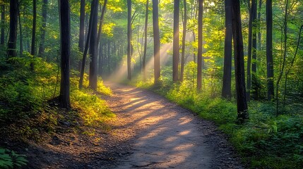 Fototapeta premium Sunlit Path Through A Lush Green Forest