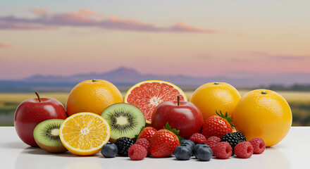 Fresh Fruit Bowl Oranges Apples Berries Kiwi Sunset Background