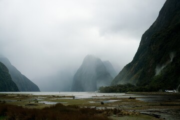 Milford Sound Fjord Landscape on a Hazy Day in New Zealand
