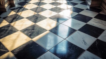  Black and white marble checkered floor tiles with sunlight shining through them