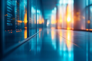 Modern server room corridor with glowing data streams reflected on polished floor.