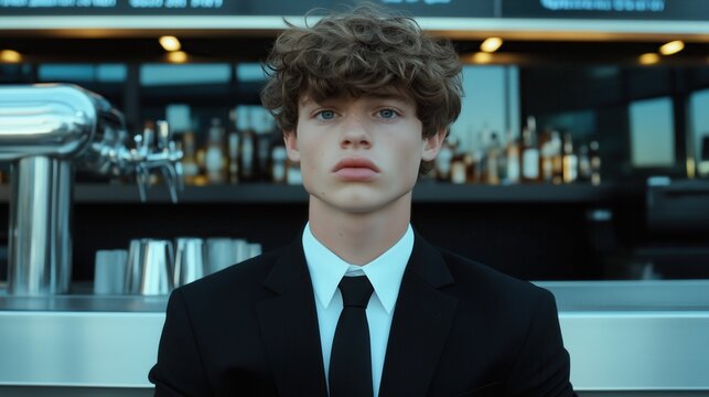 Young man in a black suit and tie sitting at a bar counter with bottles displayed in the background.