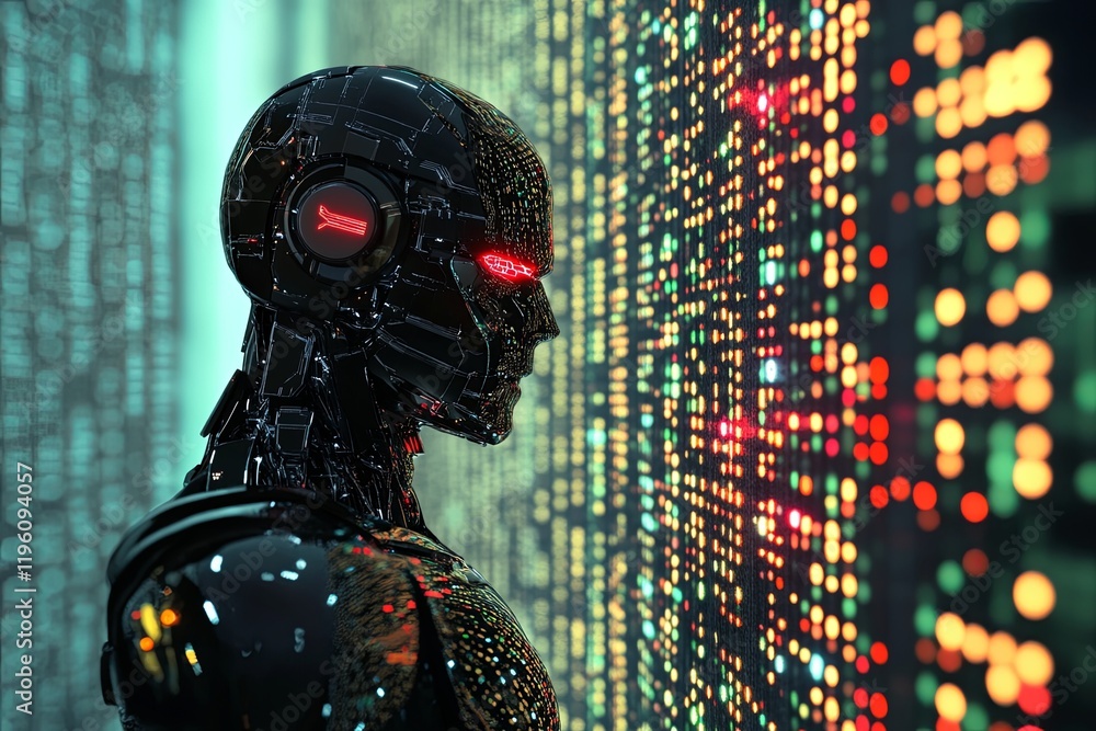 Poster advanced robot analyzes colorful data display in a futuristic digital environment. generative ai