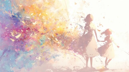 Obraz premium Light watercolor family scene on a bright white background with dreamy details