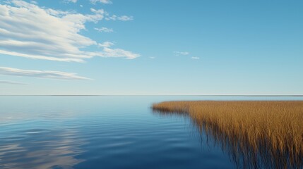 Calm lake with golden reeds