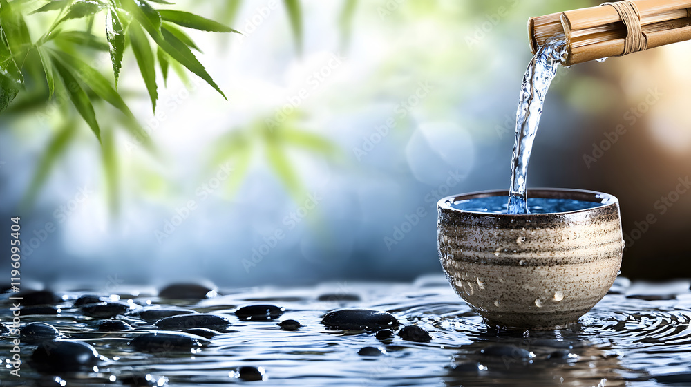 Aufkleber a serene scene featuring water flowing from bamboo into a stone bowl, surrounded by smooth pebbles a