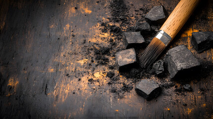 A brush and charcoal pieces scattered on a rustic wooden surface, highlighting a creative and artistic workspace