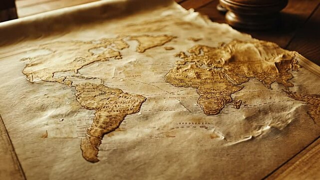 Antique world map on aged parchment paper.
