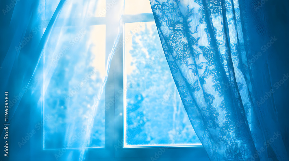 Poster a serene window scene with light filtering through sheer blue curtains, creating a soft, tranquil at