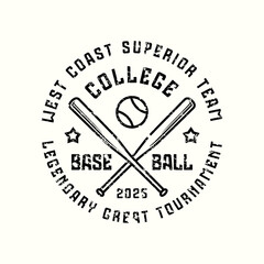 Baseball tournament round typographic emblem with rough texture. Thin line style design for t-shirt. Black print on white background