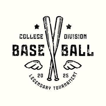 Baseball tournament typographic emblem with rough texture. Thin line style design for t-shirt. Black print on white background