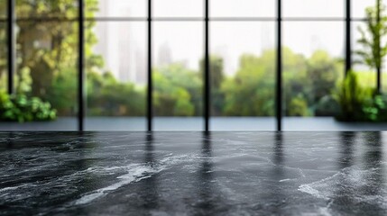 Naklejka premium Elegant Black Marble Stone Table with Blurred Glass Background