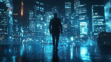 Silhouette of a Man Walking Towards a Futuristic Cityscape at Night
