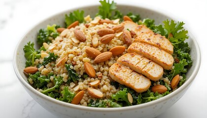 Fototapeta premium Delicious Chicken and Kale Salad with Toasted Almonds and Pearl Couscous