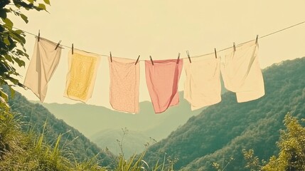 A row of pink and white flags on the clothesline, against the backdrop of green mountains