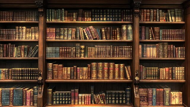 Antique wooden bookcase filled with numerous old leather-bound books.