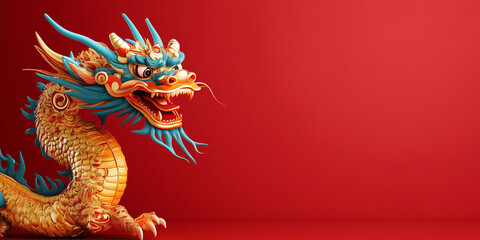 Fototapeta premium Chinese Dragon with Blue Scales on Red Background. Chinese New Year. Lunar New Year