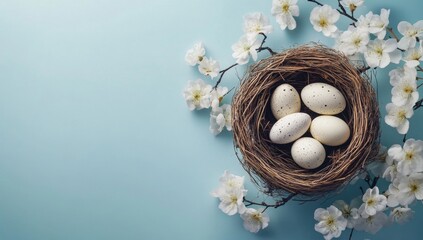 Pastel eggs in bird nest with spring blossoms on blue background.