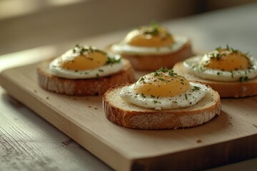 Four sunny-side up eggs on toasted bread slices, garnished with herbs, served on a wooden board.