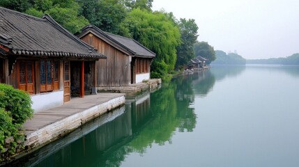 Obraz premium Tranquil River Scene with Traditional Houses