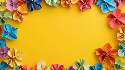 Colorful Origami Blossoms Frame on Bright Yellow Background