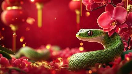 Fototapeta premium Green Snake with Chinese New Year Decorations. Chinese New Year. Lunar New Year