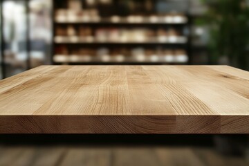 Empty light wooden table top in blurred cafe background.