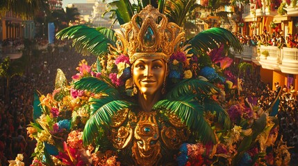 Fototapeta premium Magnificent Carnival Parade Float with Ornate Golden Mask and Colorful Flowers, Surrounded by Cheerful Crowds on Decorated Streets, Celebrating the Splendor of Brazilian Culture