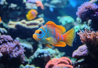 Obraz premium Colorful fish swimming in an aquarium surrounded by coral reefs, marine life, and sea creatures.