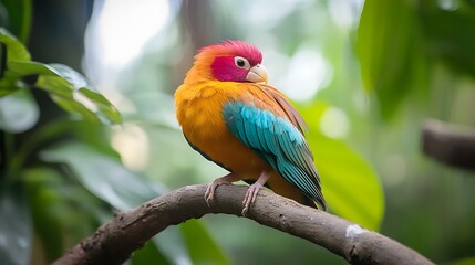 Obraz premium Vibrant Parrot Perched on Branch in Lush Greenery