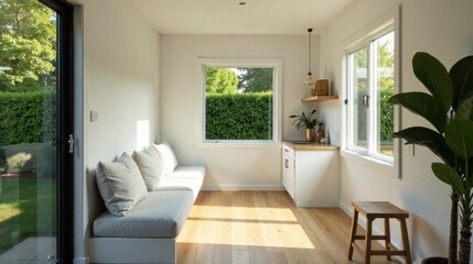 Sunlit Interior Design of a Modern Minimalist Room Featuring a Built-in Bench Seat