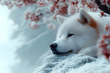 Obraz premium White Dog in Cherry Blossoms Illustration