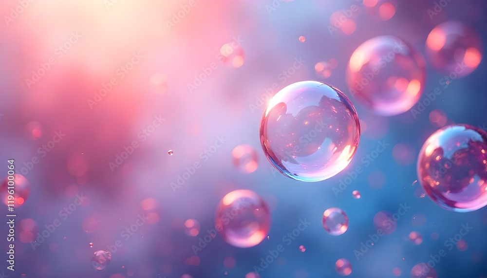 Poster colorful abstract bubbles gently floating amidst a soft, blurred background of pink and blue light, 