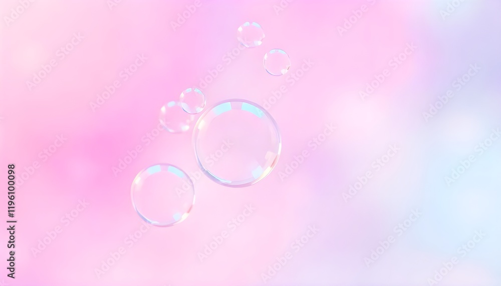 Poster colorful abstract bubbles gently floating amidst a soft, blurred background of pink and blue light, 