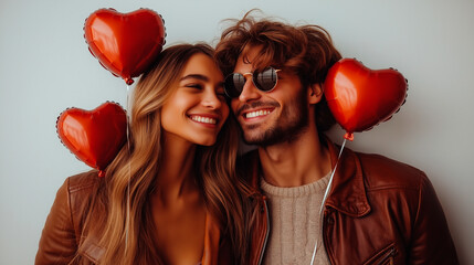valentine's day couple with heart-shaped balloons