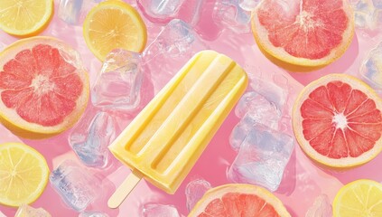 Refreshing citrus popsicle on ice with lemon and grapefruit slices.