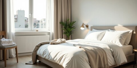 Obraz premium Sunlight Illuminates a Serene Bedroom with Crisp White Bedding and a Neutral Color Palette, Featuring a Stack of Fresh Towels and a Cozy Throw
