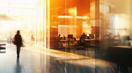Blurred Office View with People Working Behind Glass Panels