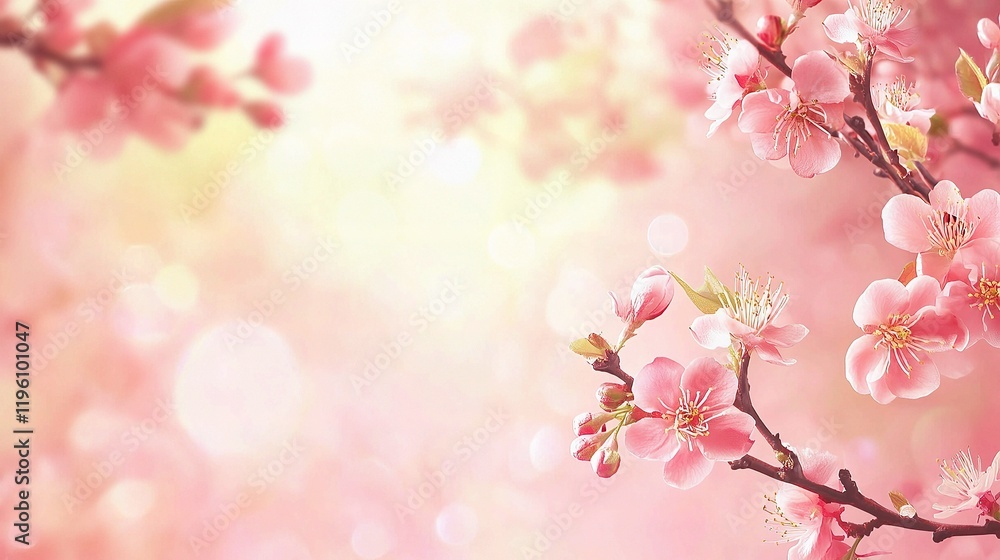 Poster blossoming apricot tree branches with copy space in soft light