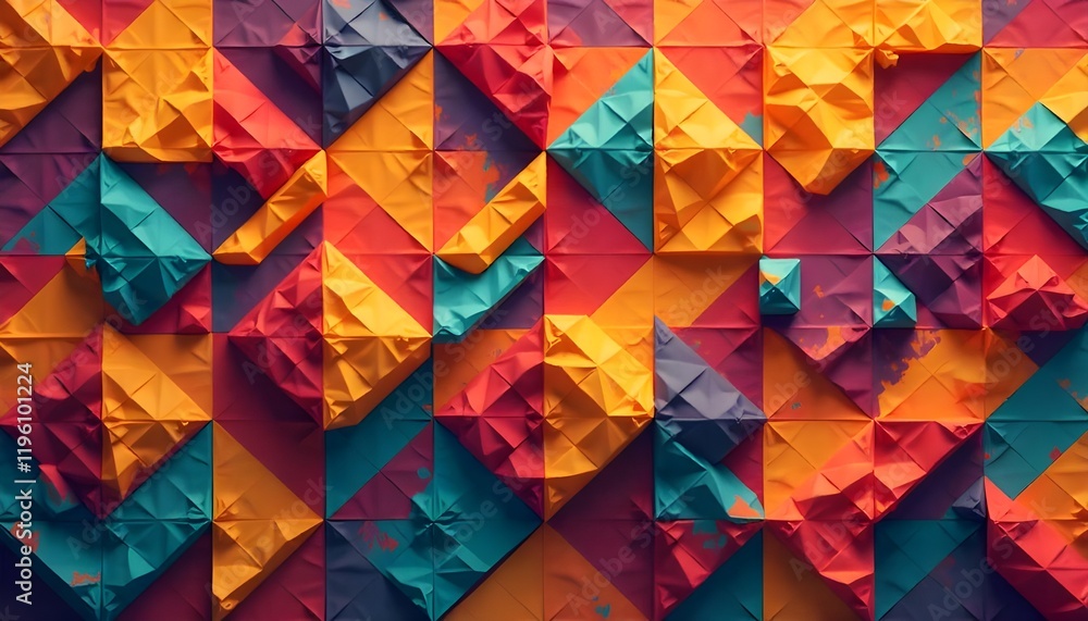 Poster Vibrant, colorful squares arranged in a modern geometric pattern, creating a dynamic and visually stimulating design with bold contrasts and sharp edges