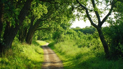 Obraz premium A serene dirt path winding through lush green trees and grass.