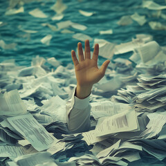Human hand asks for help sticks of pile of paper, bureaucracy co 