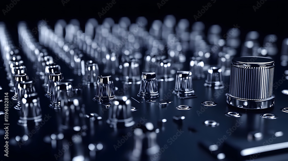 Poster a close-up view of a metallic audio mixer with shiny knobs and buttons, showcasing intricate details