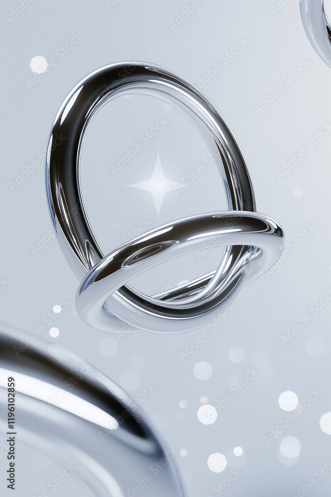 Poster intertwined chrome rings rotating in empty space with lens flare