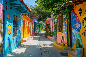 Naklejka premium Colorful Alley with Artistic Murals on Walls