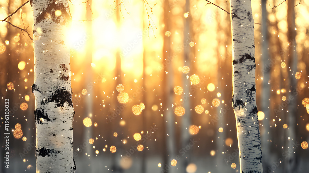 Aufkleber a serene forest scene with birch trees illuminated by warm sunlight and softly falling snow, creatin