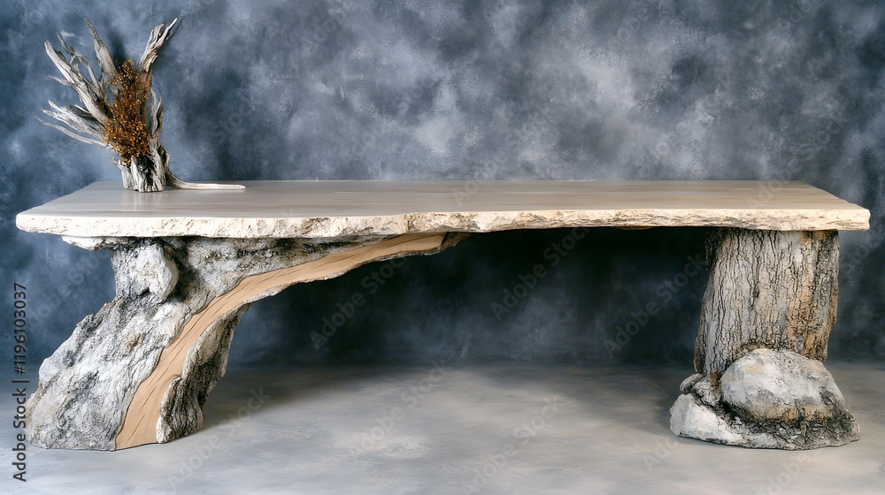 Poster a rustic wooden table featuring a unique natural design, supported by tree-like bases, set against a